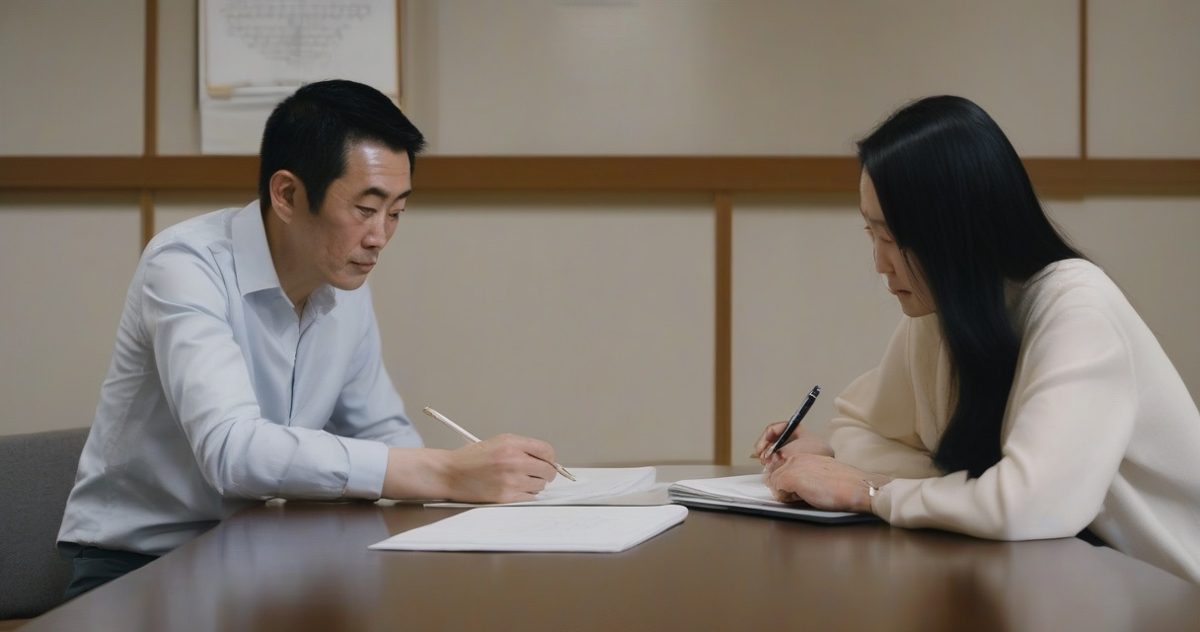 向かい合ってメモを取る2人