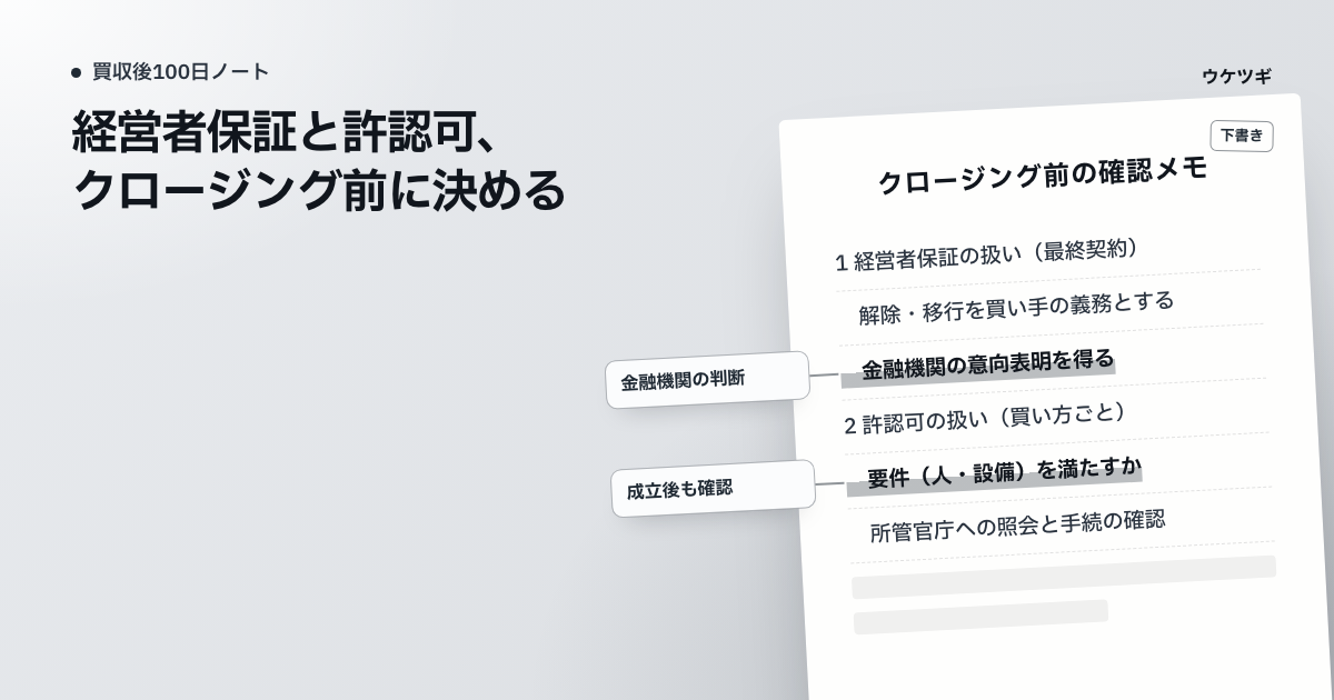 経営者保証の解除と許認可の扱いについて、クロージング前に確かめる項目を書き込んだ書類を示す表紙